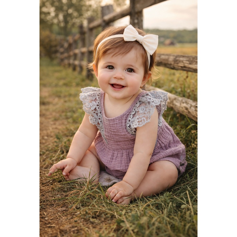 Baby Girl Boho Lavender Cotton Gauze Muslin Romper Size 9-12 Mos. Natural Fiber